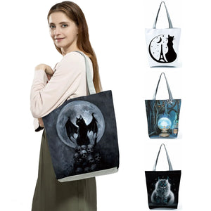 Cat Printed Handbags Female Tote Travel Women Shoulder Bag Casual Foldable