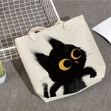 Cat Print Handbags Linen Thick Rope Women Tote Bag High Capacity