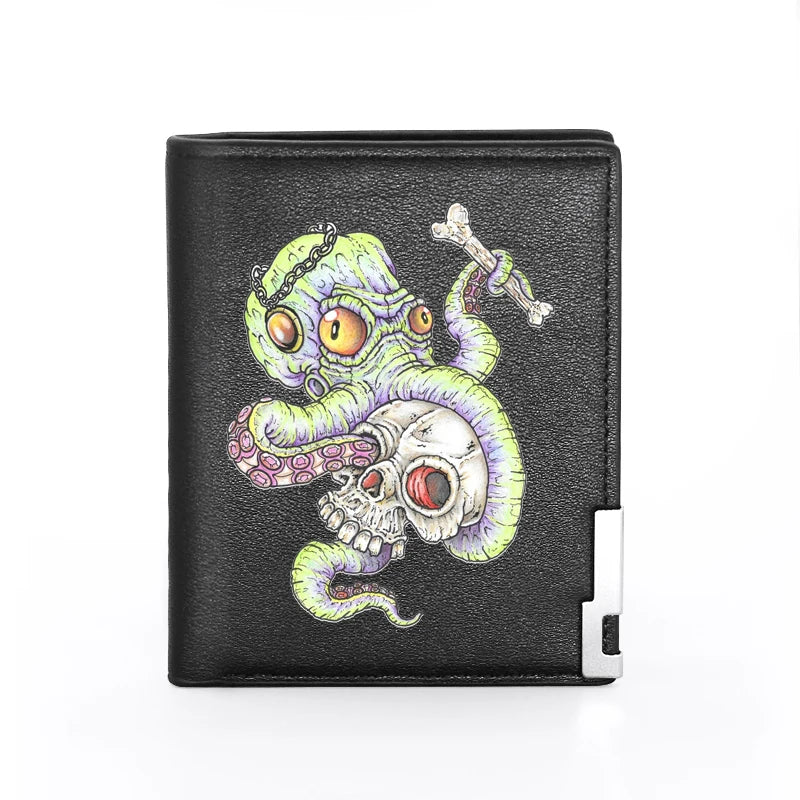 Steampunk Octopus Skull Cover Leather Wallet Slim Purses