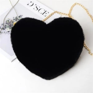 Faux Fur Chain Crossbody Bag Heart Shaped Girls Princess Winter Plush Women
