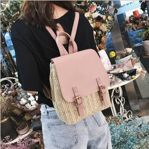 Pink Straw Woven Women Backpack Mini PU Leather Schoolbags For Teenage Girls