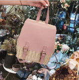 Pink Straw Woven Women Backpack Mini PU Leather Schoolbags For Teenage Girls