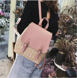 Pink Straw Woven Women Backpack Mini PU Leather Schoolbags For Teenage Girls
