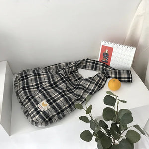 Plaid Women Shoulder Bag Soft Cloth Fabric Handbag Large Capacity Tote Sanded Ca