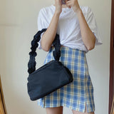 Y2k Pleated Shoulder Bag Women Zipper Underarm Handbag Solid Nylon
