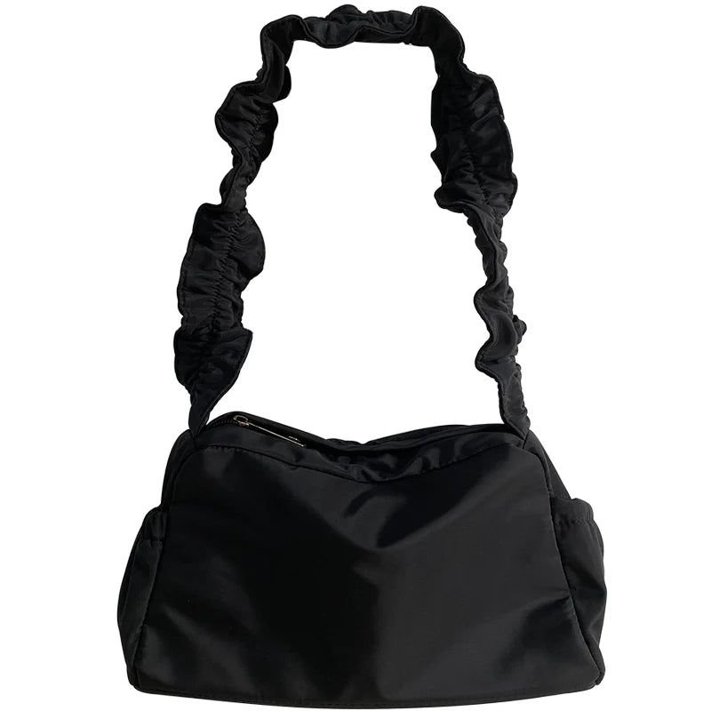 Y2k Pleated Shoulder Bag Women Zipper Underarm Handbag Solid Nylon
