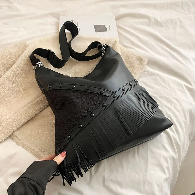 Soft Leather Tassel Handbag Shoulder Bag Large Capacity Top Handle Tote