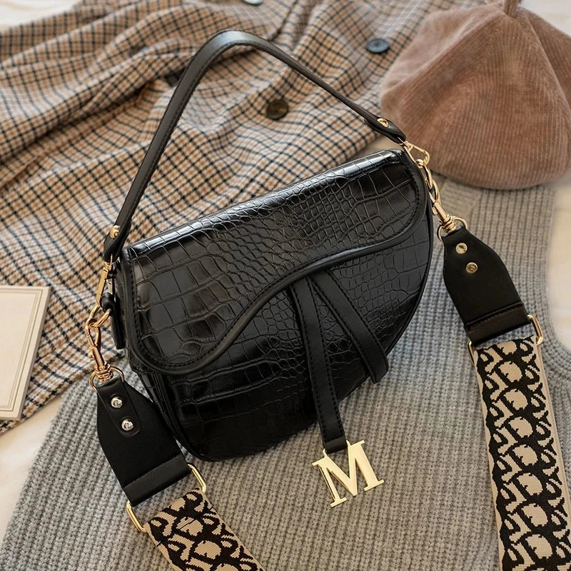 Women's Crocodile Pattern Saddle Bag Small Shoulder Crossbody