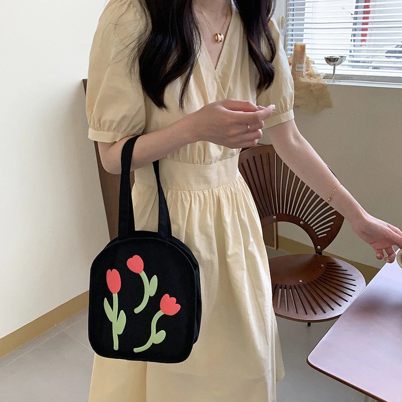 Tulip Shoulder Bag for Girls Summer Canvas Flower Tote Handbags