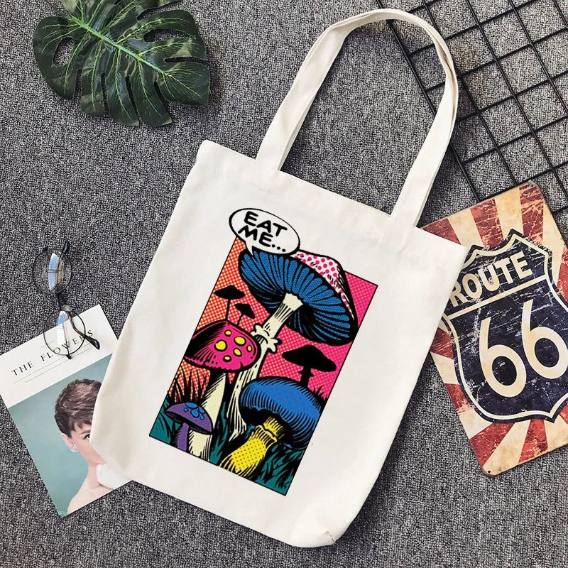 Vintage Anime Bag, Mushroom Print Shopper Bag