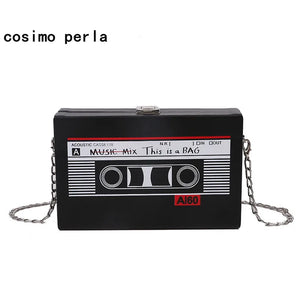 Cassette Tape Flap Crossbody Bag Mini Chains Small Pouch Purses PU Leather