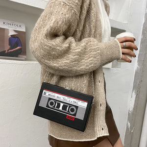 Cassette Tape Flap Crossbody Bag Mini Chains Small Pouch Purses PU Leather