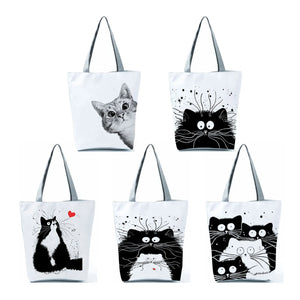 Cat Printed Handbag Eco Friendly Portable Cartoon Animal Tote