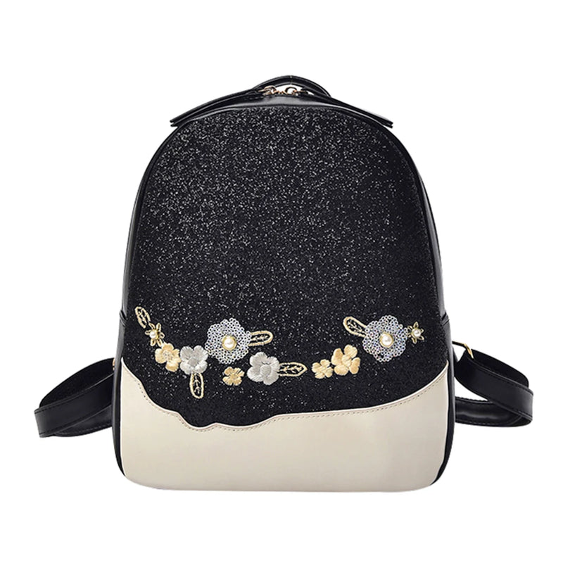 Floral Sequin Backpack Women Shining School Bag Teen Love Handbag