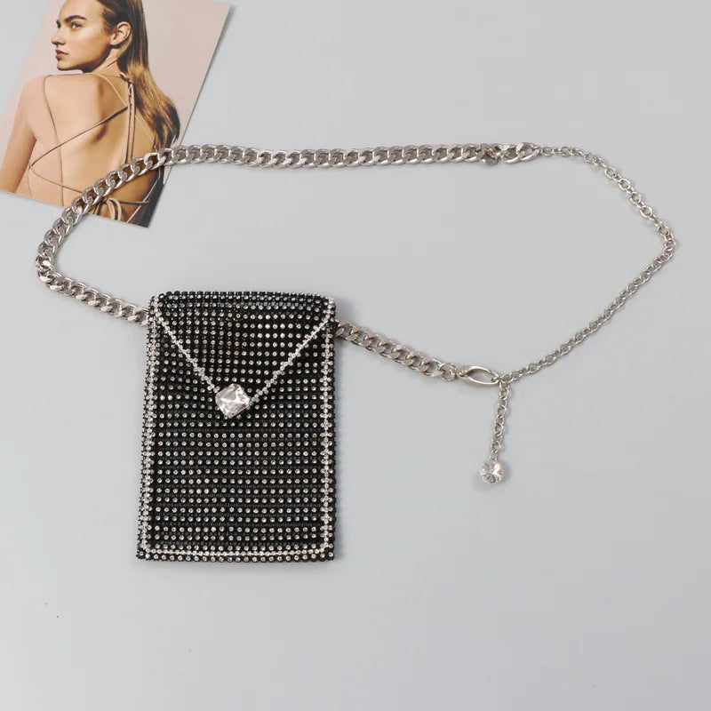 Rhinestone Waist Chain with Phone Bag and Lipstick Purse