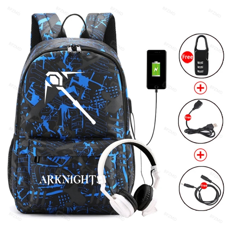 Arknights Backpack Anti-Theft Student Bookbag Rucksack USB Charging