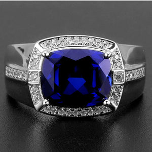 Square Zircon Sapphire Diamond Men's Silver Ring Accessory