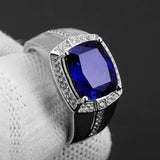 Square Zircon Sapphire Diamond Men's Silver Ring Accessory