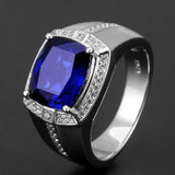 Square Zircon Sapphire Diamond Men's Silver Ring Accessory