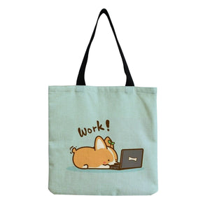 Corgi Cartoon Dog Print Shoulder Bag Lady Tote High Capacity Shopping Bag