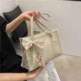 Bohemia Rattan Straw Bag with Floral Embroidery Bow