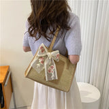 Bohemia Rattan Straw Bag with Floral Embroidery Bow
