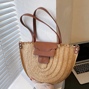 Bohemia Semi-circular Bag Large Rattan Shoulder Beach Crossbody Handbag