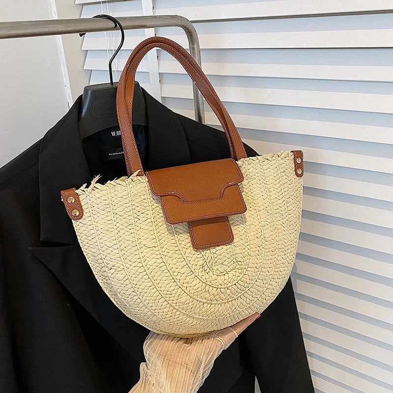 Bohemia Semi-circular Bag Large Rattan Shoulder Beach Crossbody Handbag