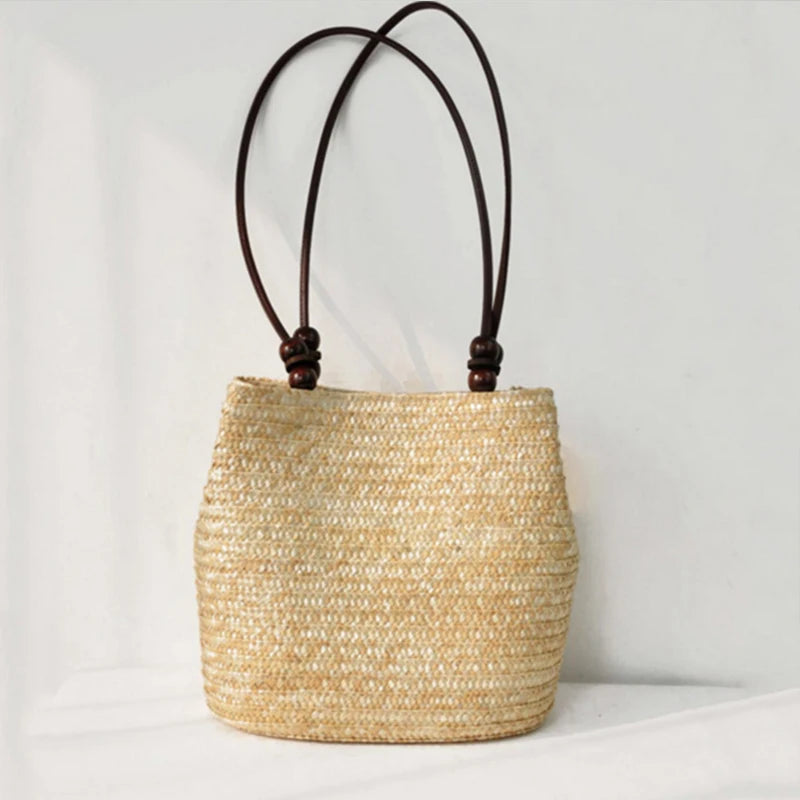 Bohemia Straw Shoulder Bag Large Capcity Woven Bucket Beach Travel Handbag