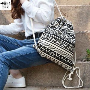 Bohemian Canvas Drawstring Backpack Bag for Women