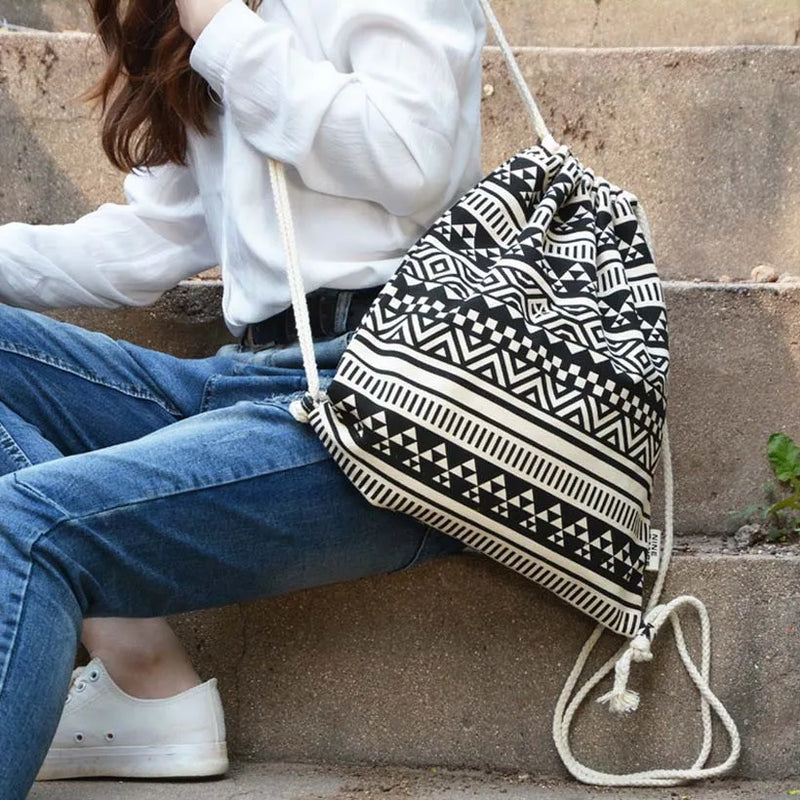 Bohemian Canvas Drawstring Backpack Bag for Women