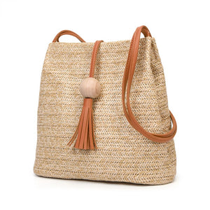 Bohemian Beach Casual Tote Bag Ladies Straw Rattan Crossbody Bucket Bag