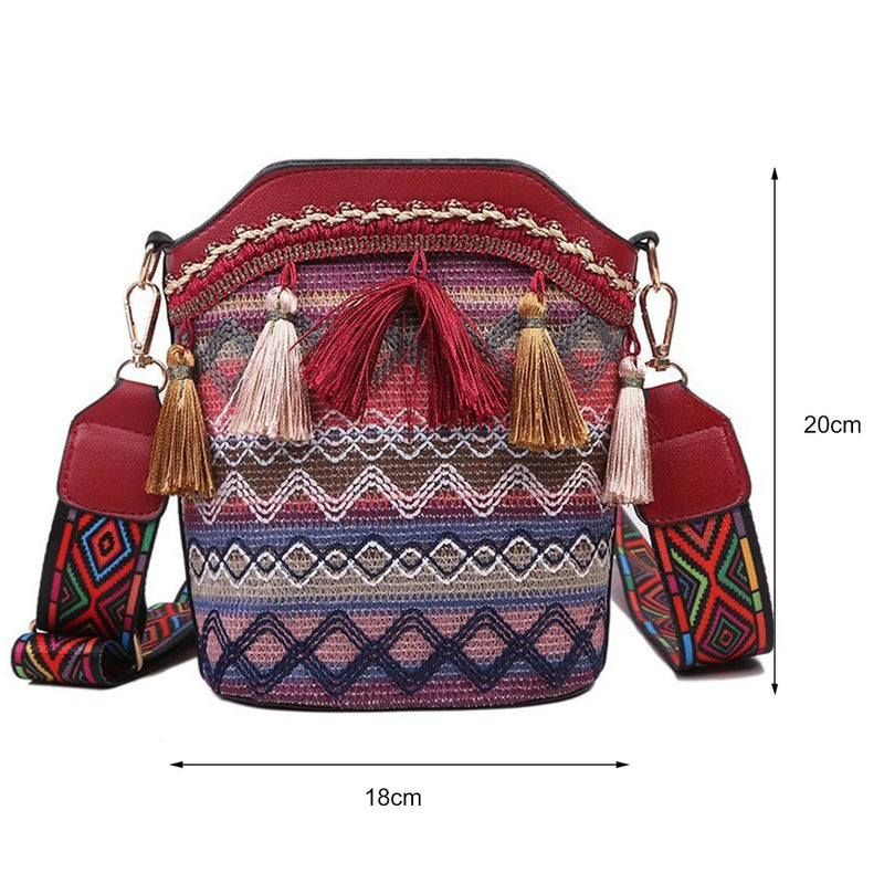 Bohemian Braid Bucket Crossbody Bag with Tassel Fringed Tote Purse