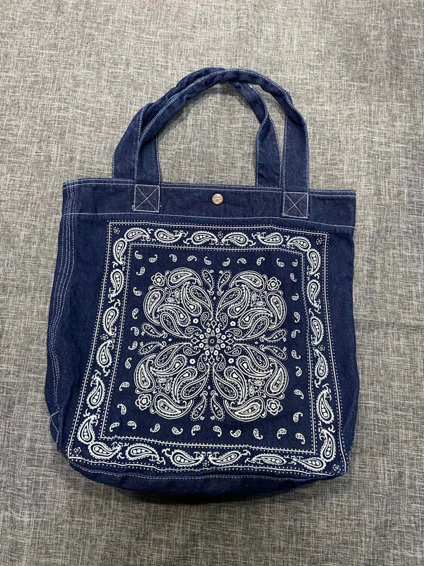 Boho Denim Shoulder Bag Cashew Flower Print Casual Handbag Women Large