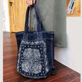 Boho Denim Shoulder Bag Cashew Flower Print Casual Handbag Women Large