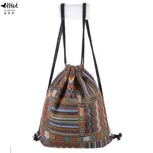 Bohemian Drawstring Backpacks Bag Women Woven Casual Beach Travel Bags