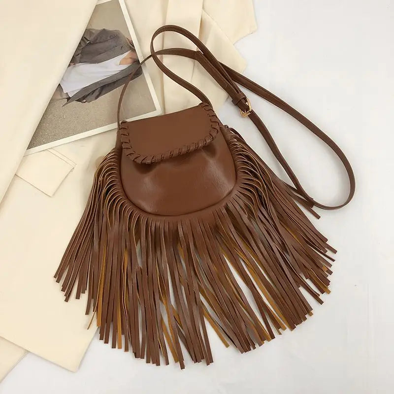 Vintage PU Leather Women Shoulder Bags Fringe Tassel Handbags