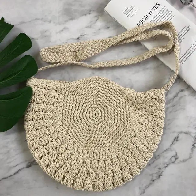 Boho Half Moon Straw Bag Women Shoulder Crossbody Tote Beach Rattan Bag