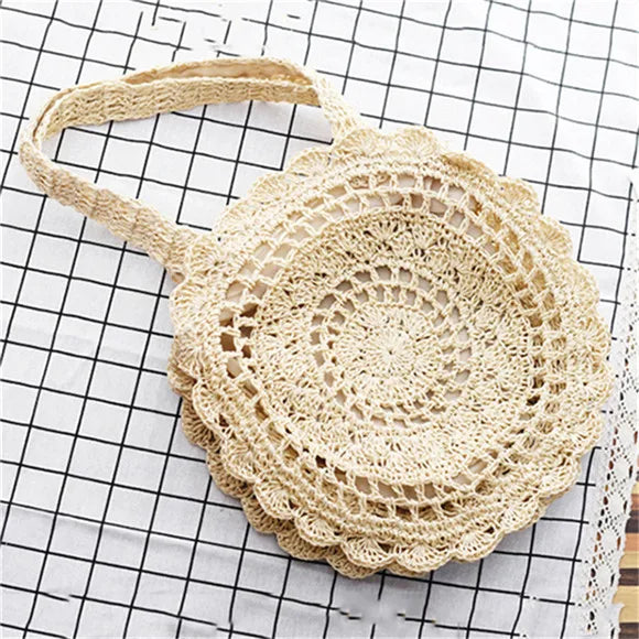 Boho Straw Circle Beach Handbag Rattan Shoulder Tote Bag