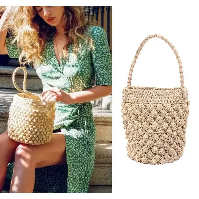 Boho Straw Beach Shoulder Bag for Women Rattan Knitted Tote Handbag
