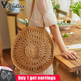Boho Straw Woven Circle Tote Bag for Women