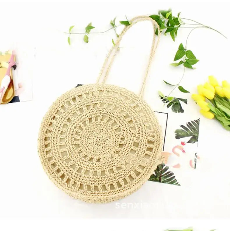 Boho Straw Woven Circle Tote Bag for Women