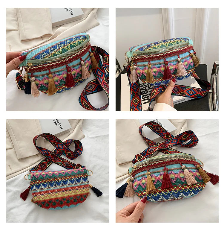 Boho Tassel Waist Bag Vintage Chest Fanny Pack Women's Crossbody Bag