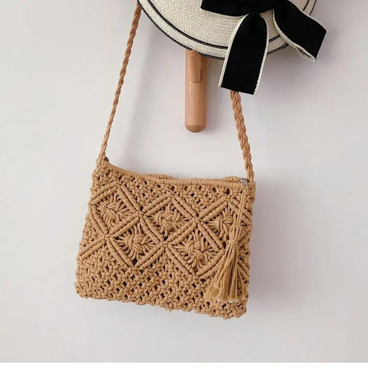 Boho Women Straw Beach Bag Shoulder Messenger Tote Khaki Purse KL1043