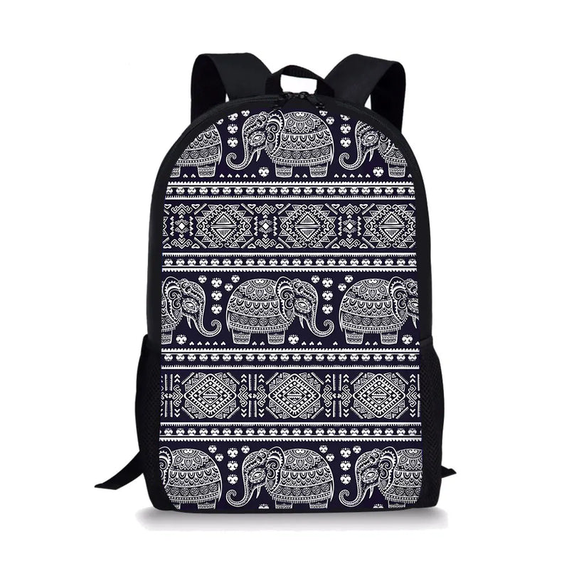 Boho Elephant Print Girls School Bags Retro All-match Backpacks Waterproof