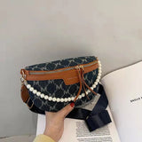 Faux Pearl Chain Waist Bag Canvas Fanny Pack for Women Shoulder Crossbody