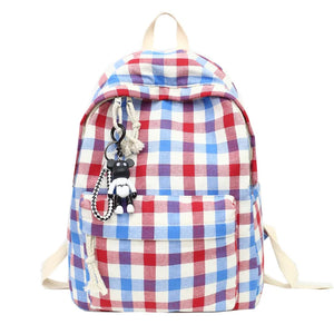 Plaid Canvas Backpacks for Women School Students Shoulder Bags