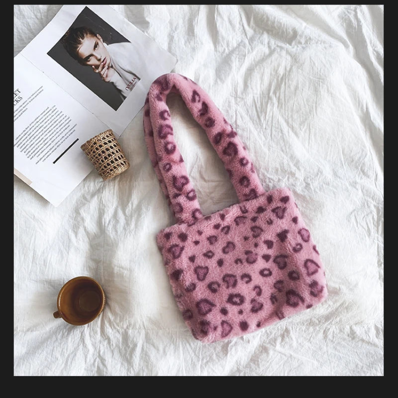 Winter Furry Shoulder Bag Leopard Print Girls Handbags
