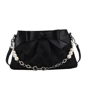 Sweet PU Leather Handbag with Pearls Beading