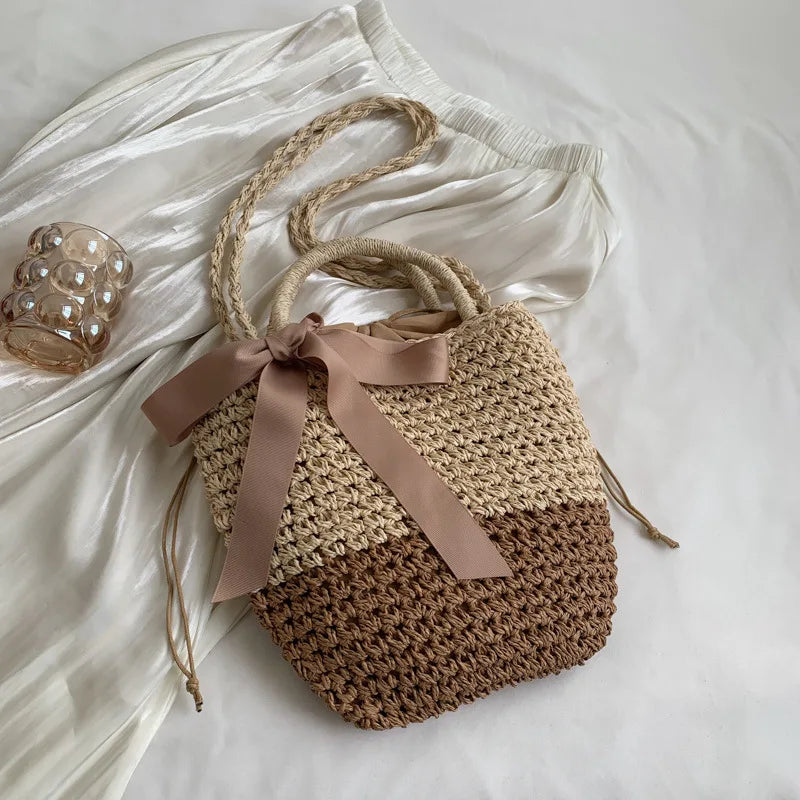 Straw Hollow Bucket Shoulder Bag Summer Beach Purse Vintage Handbags